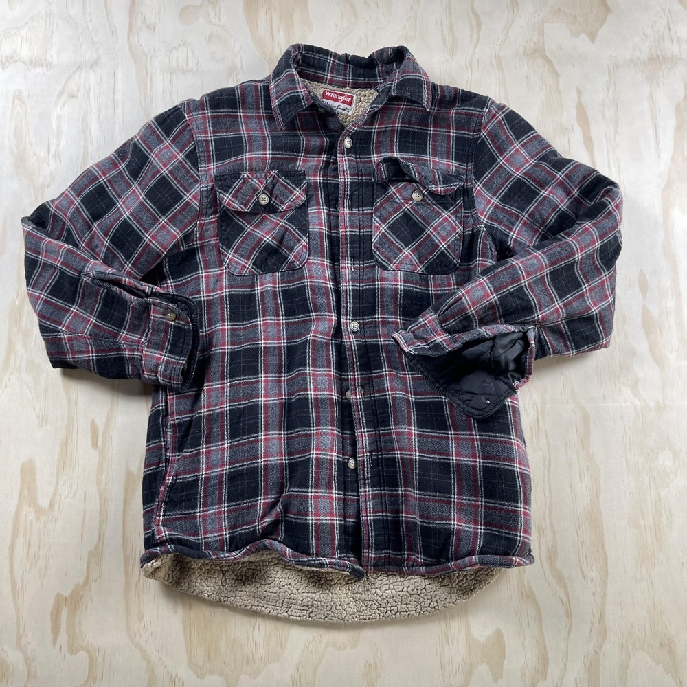 Wrangler Shirt Jacket Mens Medium Black Red Plaid Sherpa‎ Lined Flannel Workwear